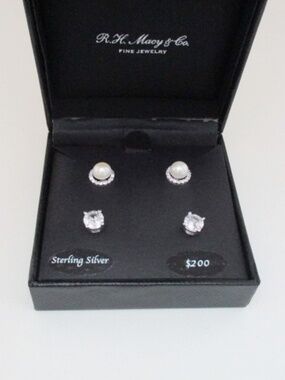 BELLE DE MER - 2 Pc Set - Freshwater Pearl & Cubic Zirconia Stud Earrings.
